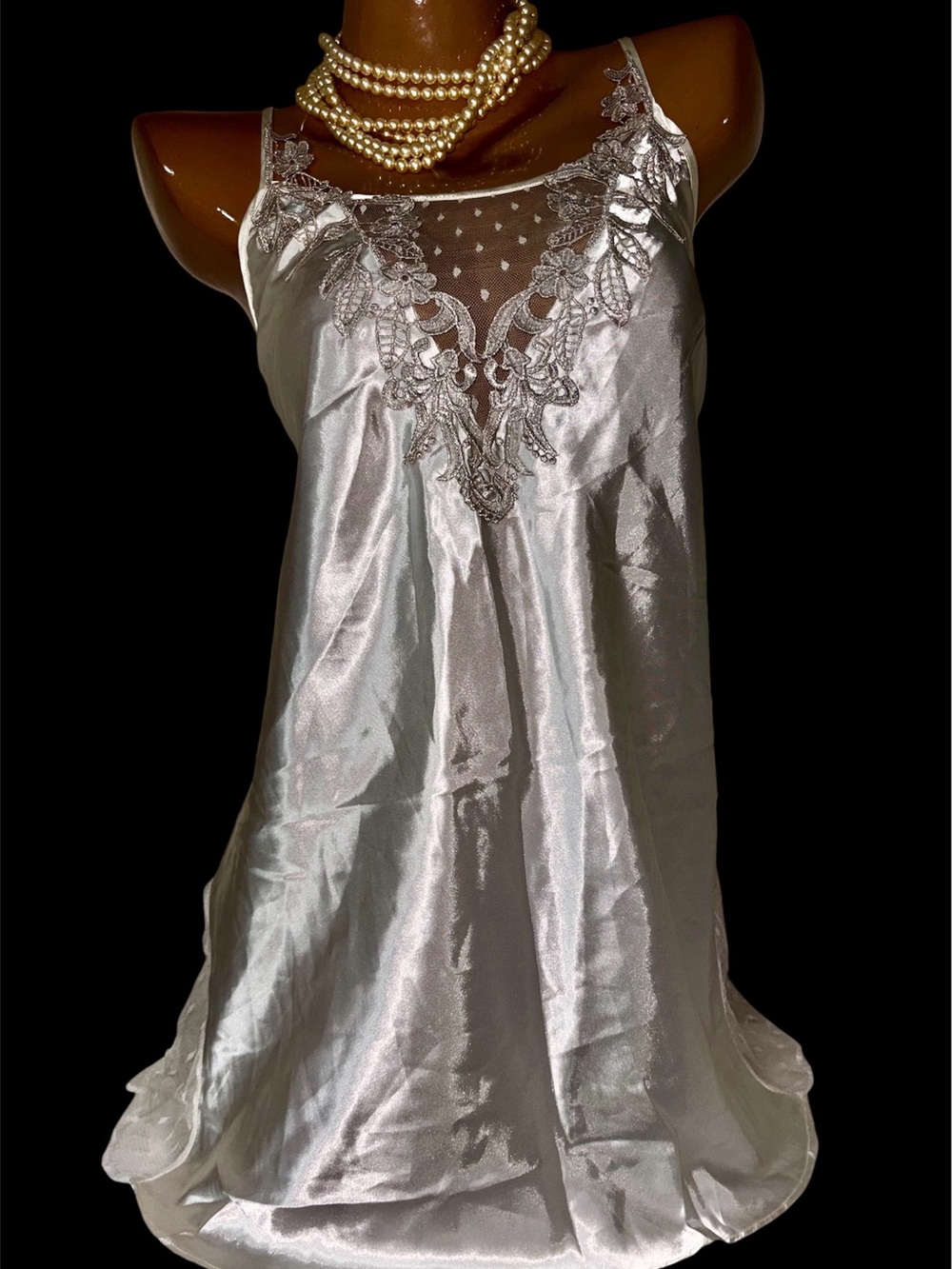 Flora Nikrooz Silver Satin Lace-Trim Chemise